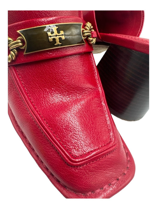 Tory Burch Shoe Size 7 Red & Brown Leather Square Toe Gold Hardware Loafer Mules Red & Brown / 7