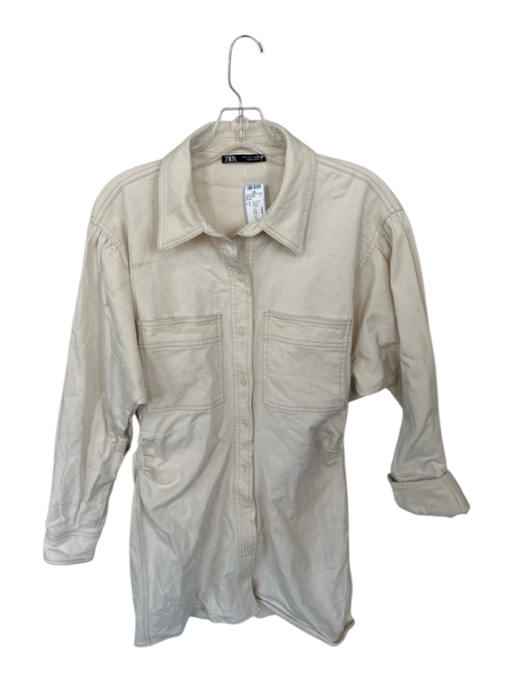 Zara Size L Cream Cotton Long Sleeve Button Down Collar Denim Dress Cream / L
