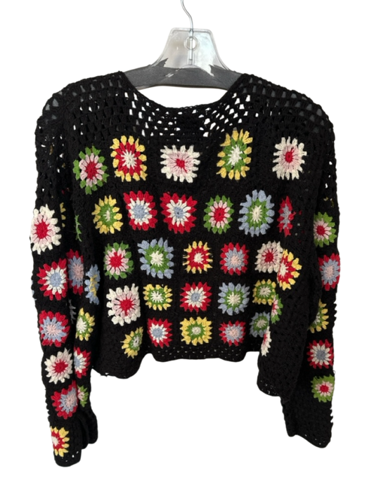 Raga Size M Black & Multi Cotton Crochet Flowers Long Sleeve Open Front Sweater Black & Multi / M