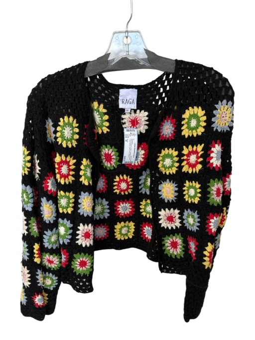 Raga Size M Black & Multi Cotton Crochet Flowers Long Sleeve Open Front Sweater Black & Multi / M