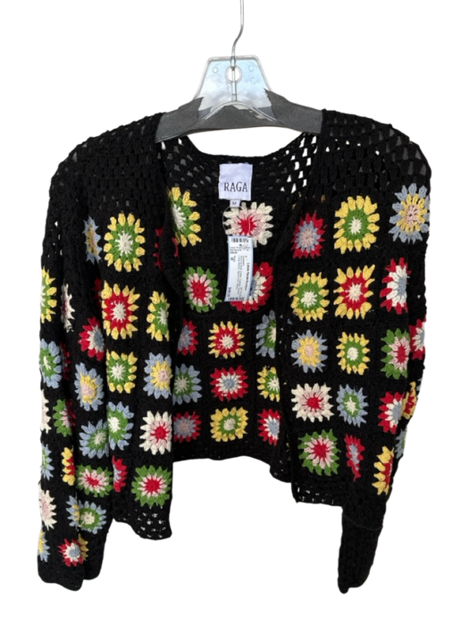 Raga Size M Black & Multi Cotton Crochet Flowers Long Sleeve Open Front Sweater Black & Multi / M