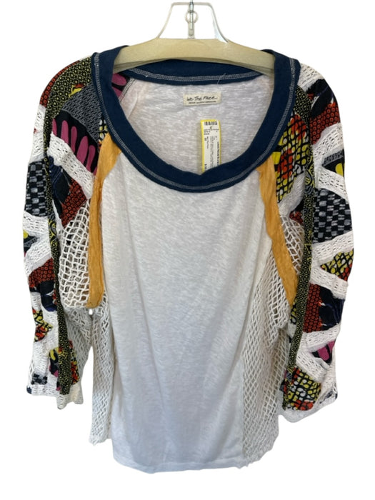 We The Free Size M White & Navy Cotton Long Balloon Sleeve Macrame Patchwork Top White & Navy / M