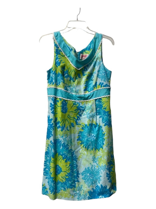 Lilly Pulitzer Size 8 Blue & Green Cotton Blend V Neck Abstract Back Zip Dress Blue & Green / 8