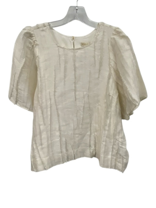 Marie Oliver Size XL Cream White Silk & Linen Short Sleeve Fringe Wide Neck Top Cream White / XL