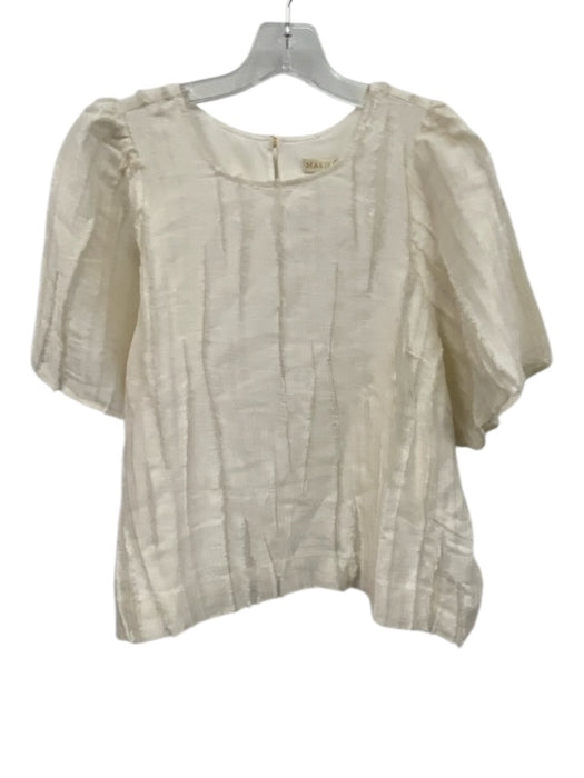 Marie Oliver Size XL Cream White Silk & Linen Short Sleeve Fringe Wide Neck Top Cream White / XL