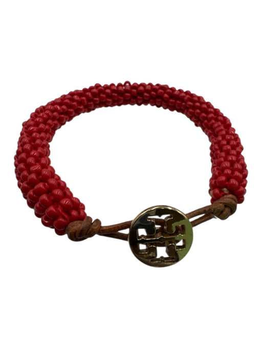 Tory Burch Red & Brown Beaded Button Clasp Gold Logo Bracelet Red & Brown