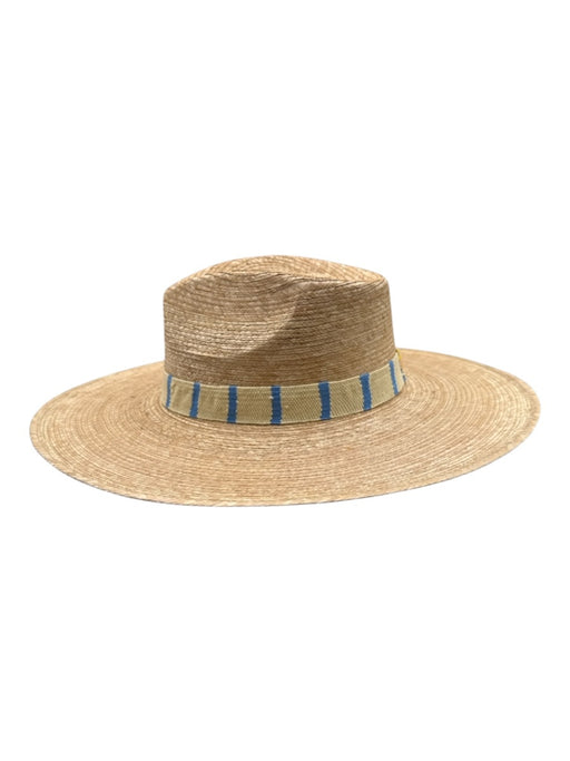 Sunshine Tienda Beige & Blue Straw Woven Stripe Detail Wide Brim Fedora Hat Beige & Blue / XS/S