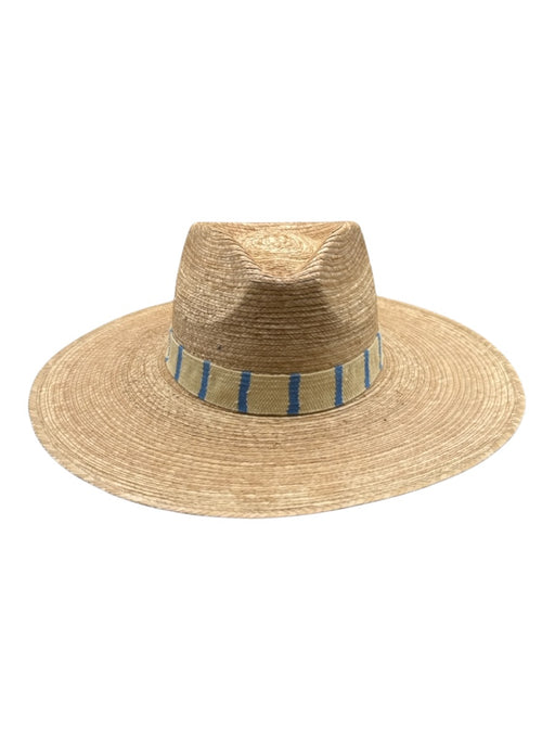 Sunshine Tienda Beige & Blue Straw Woven Stripe Detail Wide Brim Fedora Hat Beige & Blue / XS/S