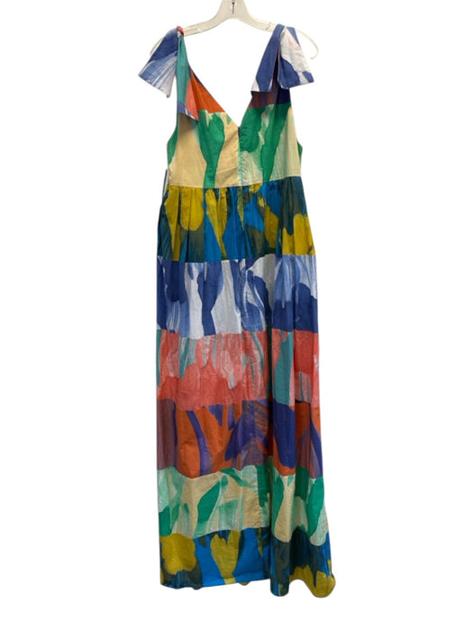 Odeeh Size 40 Blue & Multi Cotton Abstract Print Tie Shoulder V Neck Dress Blue & Multi / 40