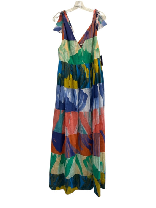 Odeeh Size 40 Blue & Multi Cotton Abstract Print Tie Shoulder V Neck Dress Blue & Multi / 40