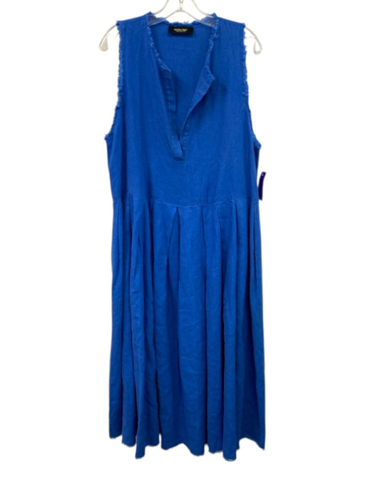 Rachel Comey Size 12 Blue Linen Sleeveless Frayed Edge V Neck Dress Blue / 12