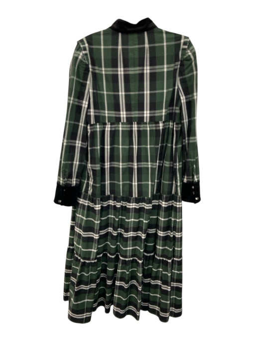 Tuckernuck Size L Green, White & Black Cotton Plaid Velvet Detail Tiered Dress Green, White & Black / L