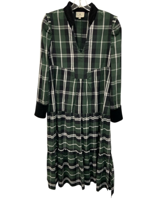 Tuckernuck Size L Green, White & Black Cotton Plaid Velvet Detail Tiered Dress Green, White & Black / L