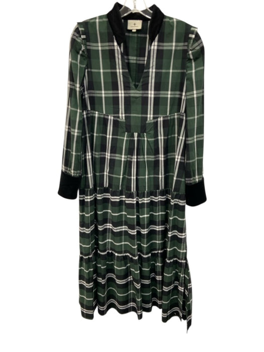 Tuckernuck Size L Green, White & Black Cotton Plaid Velvet Detail Tiered Dress Green, White & Black / L