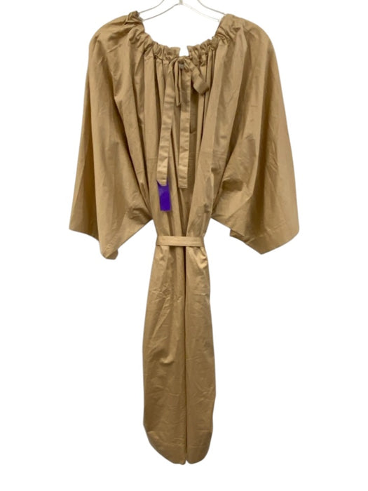 COS Size L Khaki Beige Cotton Blend 3/4 Sleeve Gathered Neckline Tie Back Dress Khaki Beige / L