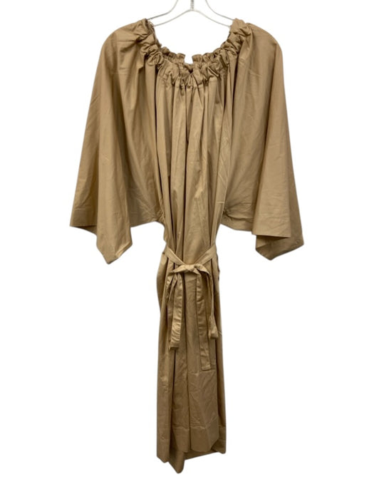 COS Size L Khaki Beige Cotton Blend 3/4 Sleeve Gathered Neckline Tie Back Dress Khaki Beige / L