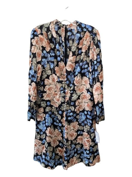 Rebecca Taylor Size 14 Black Pink & Blue Silk Blend Floral V Neck Back Zip Dress Black Pink & Blue / 14