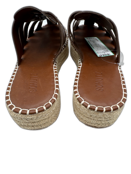 Schutz Shoe Size 9.5 Brown & Beige Leather Espadrille Blanket Stitch Mules Brown & Beige / 9.5