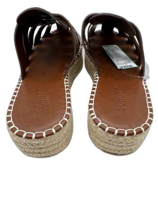 Schutz Shoe Size 9.5 Brown & Beige Leather Espadrille Blanket Stitch Mules Brown & Beige / 9.5
