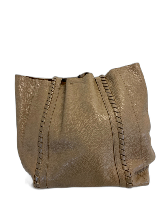 ALLSAINTS Beige Gray Pebble Leather Top Handles Magnetic Close Whipstitch Bag Beige Gray / M/L