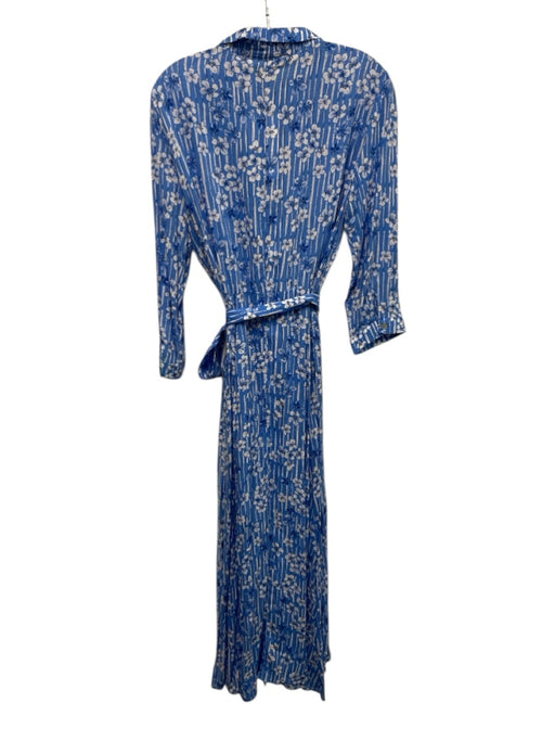 Zara Size XL Blue & White Viscose Long Sleeve Floral Print Buttons Midi Dress Blue & White / XL