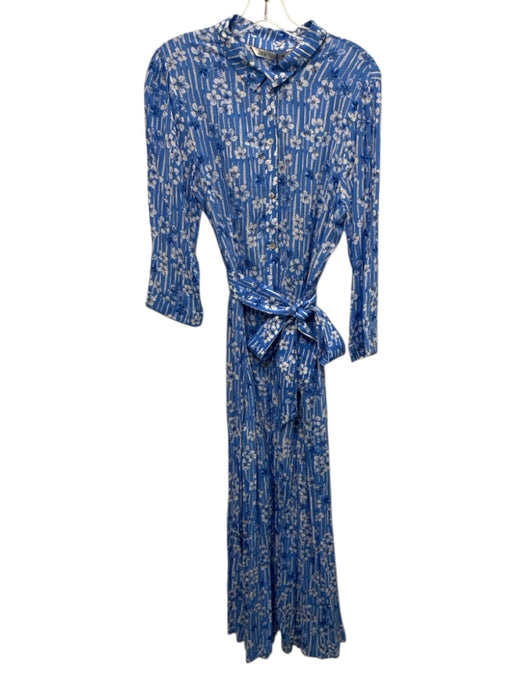 Zara Size XL Blue & White Viscose Long Sleeve Floral Print Buttons Midi Dress Blue & White / XL