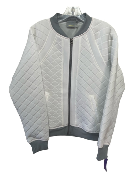 Athleta Size L White & Gray Polyester Quilted Front Zip Ribbed Trim Jacket White & Gray / L