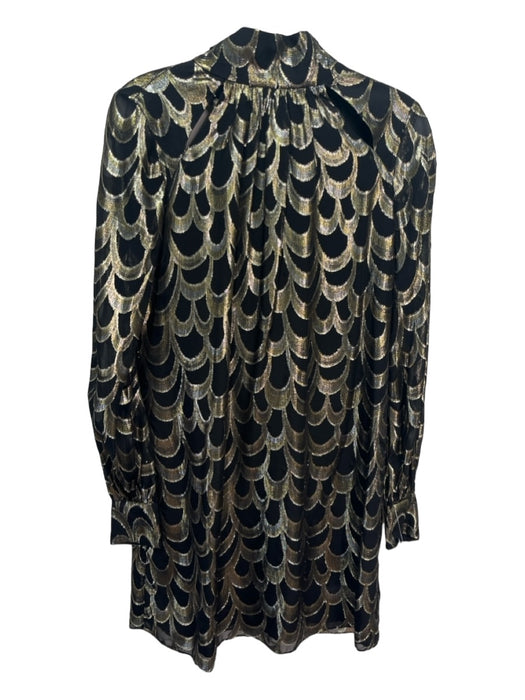 Milly Size 2 Black & Gold Silk Blend Scalloped Print Long Sleeve Open Back Dress Black & Gold / 2