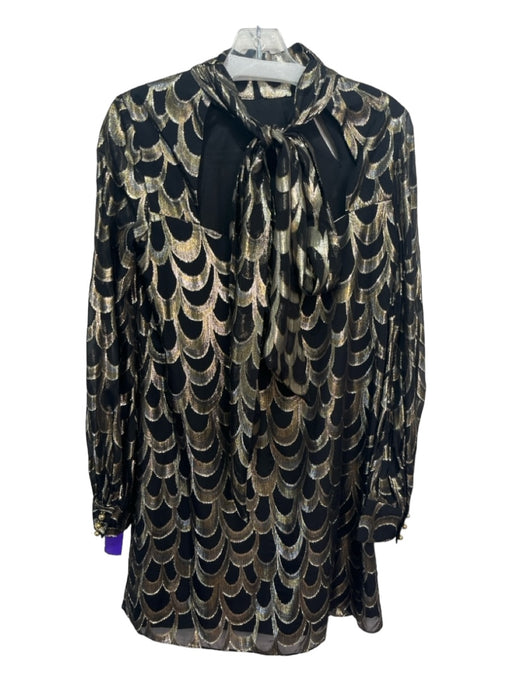 Milly Size 2 Black & Gold Silk Blend Scalloped Print Long Sleeve Open Back Dress Black & Gold / 2