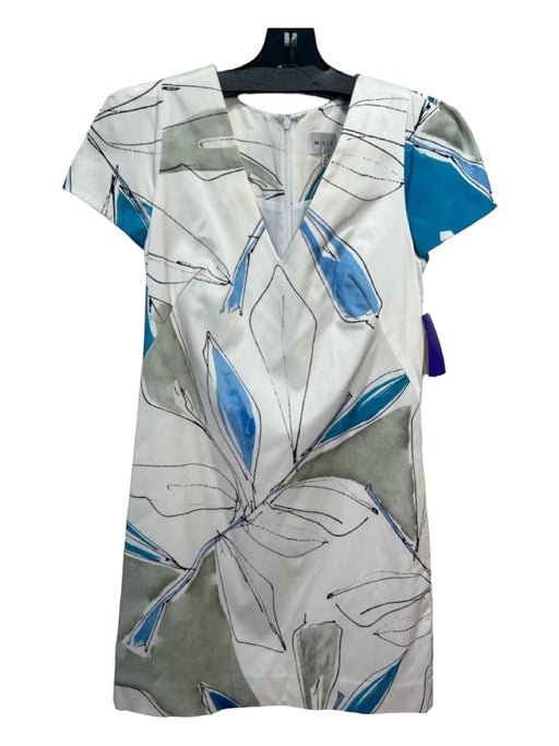 Milly Size 4 White Blue Gray Cotton & Viscose Blend Abstract Floral V Neck Dress White Blue Gray / 4