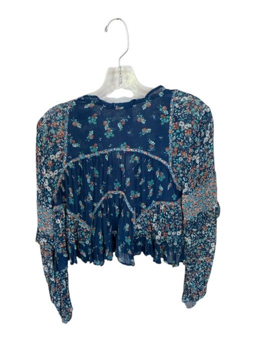Anthropologie Size S Navy & Multi Viscose Long Sleeve Button Up Ruffle Top Navy & Multi / S