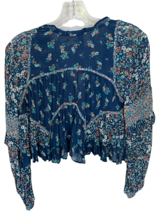 Anthropologie Size S Navy & Multi Viscose Long Sleeve Button Up Ruffle Top Navy & Multi / S