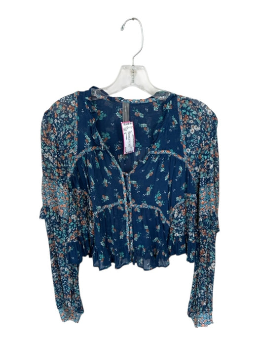 Anthropologie Size S Navy & Multi Viscose Long Sleeve Button Up Ruffle Top Navy & Multi / S