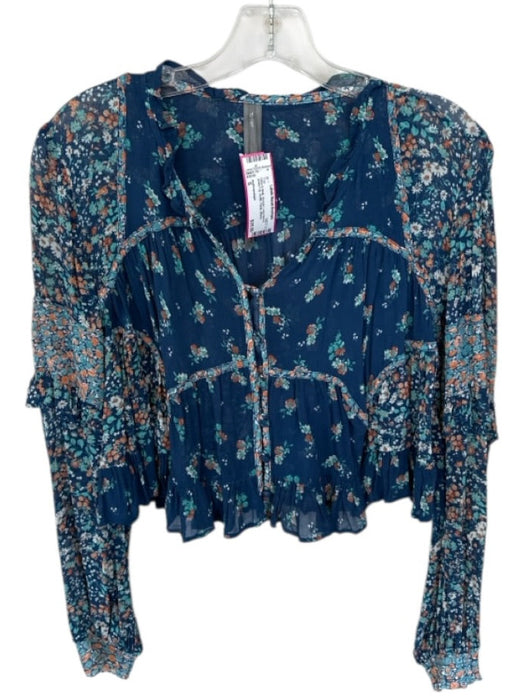 Anthropologie Size S Navy & Multi Viscose Long Sleeve Button Up Ruffle Top Navy & Multi / S