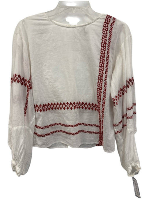 Joie Size XXS White & Red Cotton Long Sleeve Embroidered Back Buttons Top White & Red / XXS