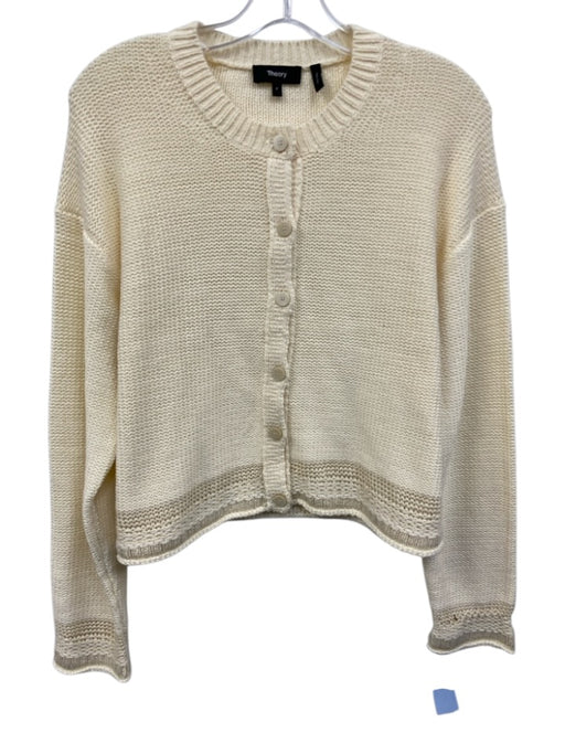Theory Size P Cream White Cotton Blend Long Sleeve Button Front Cardigan Cream White / P