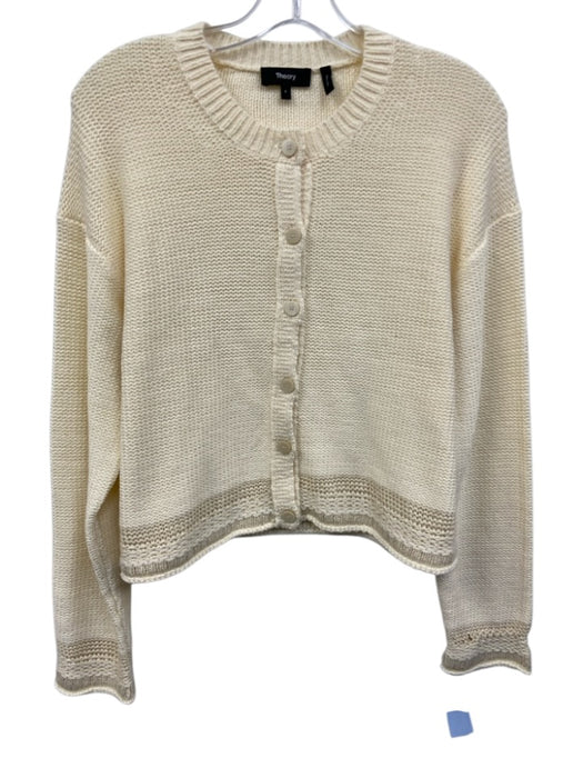 Theory Size P Cream White Cotton Blend Long Sleeve Button Front Cardigan Cream White / P