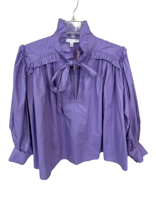 Karlie Size S Purple Cotton Long Balloon Sleeve Ruffle Collar Neck Tie Top Purple / S