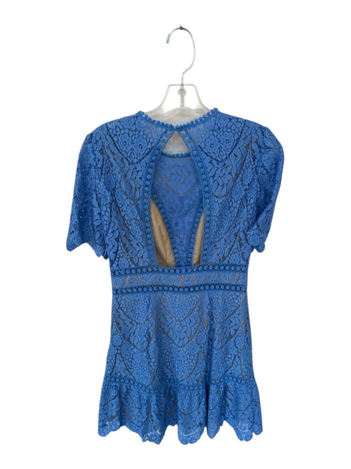 Saylor Size S Blue & Tan Nylon Short Sleeve Lace Overlay Open Back Dress Blue & Tan / S