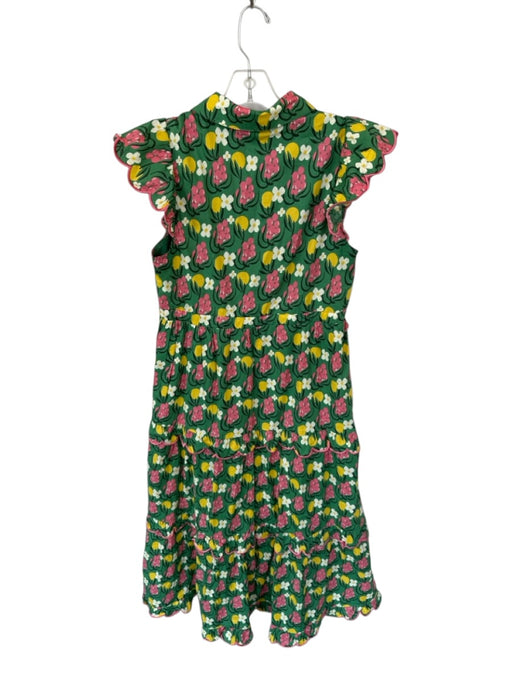 TCEC Size S Green & Pink Cotton Short Sleeve Botanical Scallop Detail Dress Green & Pink / S