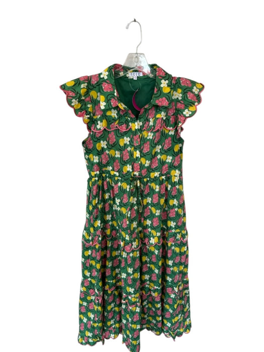TCEC Size S Green & Pink Cotton Short Sleeve Botanical Scallop Detail Dress Green & Pink / S