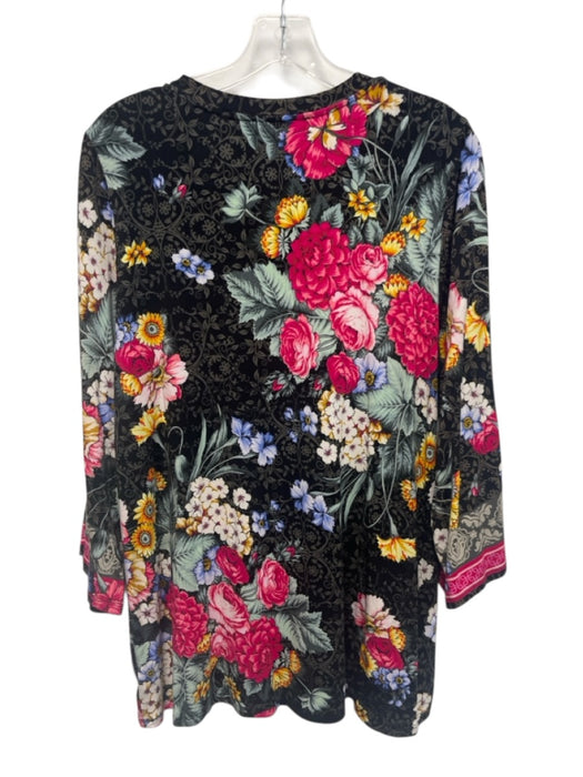 Johnny Was Size Large Black, Pink, Yellow Viscose Blend Long Sleeve Floral Top Black, Pink, Yellow / Large