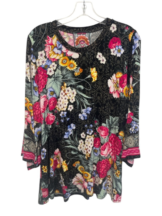 Johnny Was Size Large Black, Pink, Yellow Viscose Blend Long Sleeve Floral Top Black, Pink, Yellow / Large