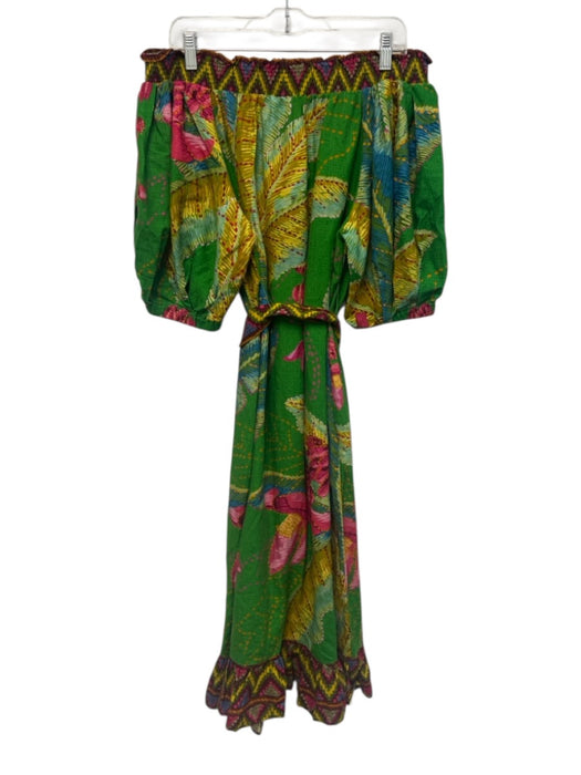 Farm Rio Size Large Green, Pink, Blue Linen Blend Short Puff Sleeve Maxi Dress Green, Pink, Blue / Large