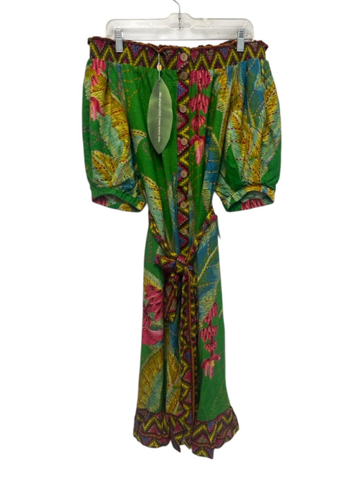 Farm Rio Size Large Green, Pink, Blue Linen Blend Short Puff Sleeve Maxi Dress Green, Pink, Blue / Large