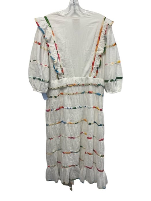 Farm Rio Size Large White & Multi Cotton Short Puff Sleeve Mixed Print Dress White & Multi / Large
