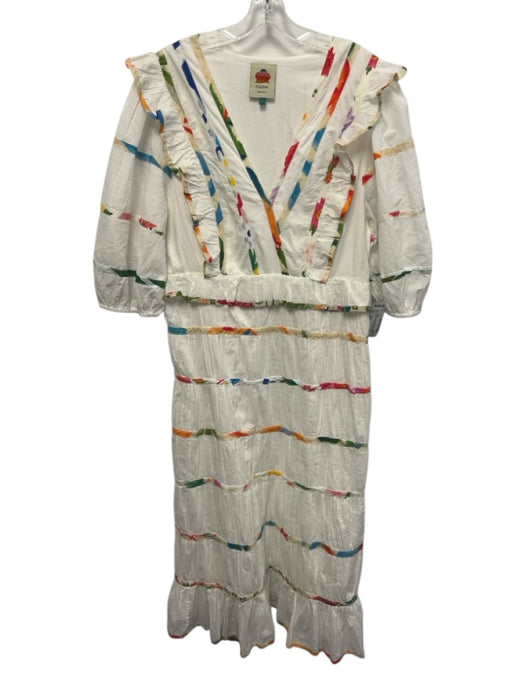 Farm Rio Size Large White & Multi Cotton Short Puff Sleeve Mixed Print Dress White & Multi / Large