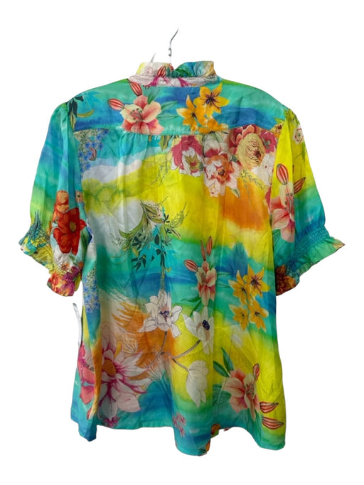 Johnny Was Size L Orange Blue & Green Silk Floral Ruffle Neckline Top Orange Blue & Green / L