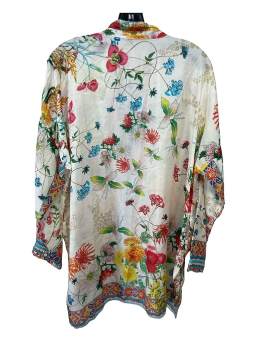 Johnny Was Size L White Red Green Yellow Silk Floral Button Front Tunic Top White Red Green Yellow / L