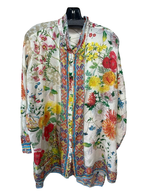 Johnny Was Size L White Red Green Yellow Silk Floral Button Front Tunic Top White Red Green Yellow / L